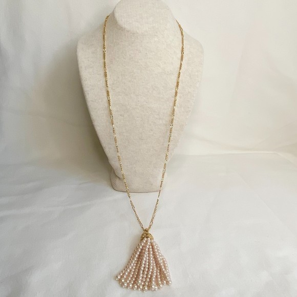 Talbots Opera Necklace Gold Tone Chain Links With Pearl Tassel Pendant - Picture 2 of 9
